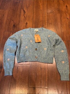 Listicle Blue Cropped Cardigan with Pink Floral Embroidery
